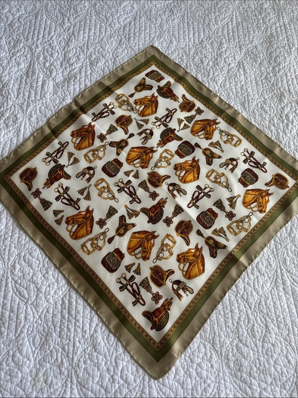 Unbranded Equestrian Motif Print Silk Scarf Ivory Gold & Olive Handmade